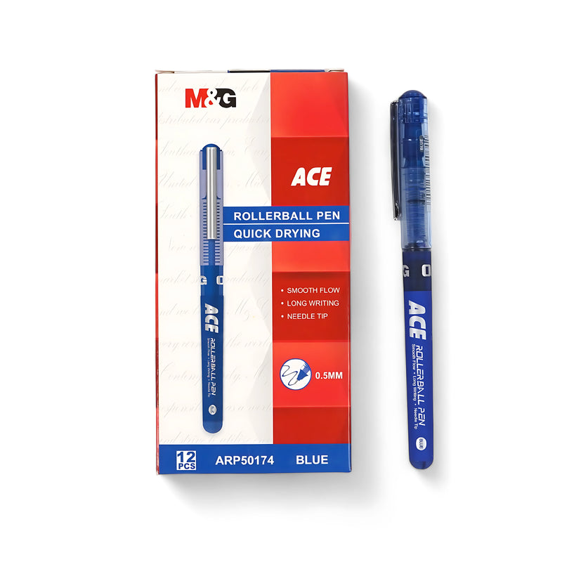 M&G ACE Rollerball Pen with blue ink and 0.5mm needle tip for smooth, precise writing.

