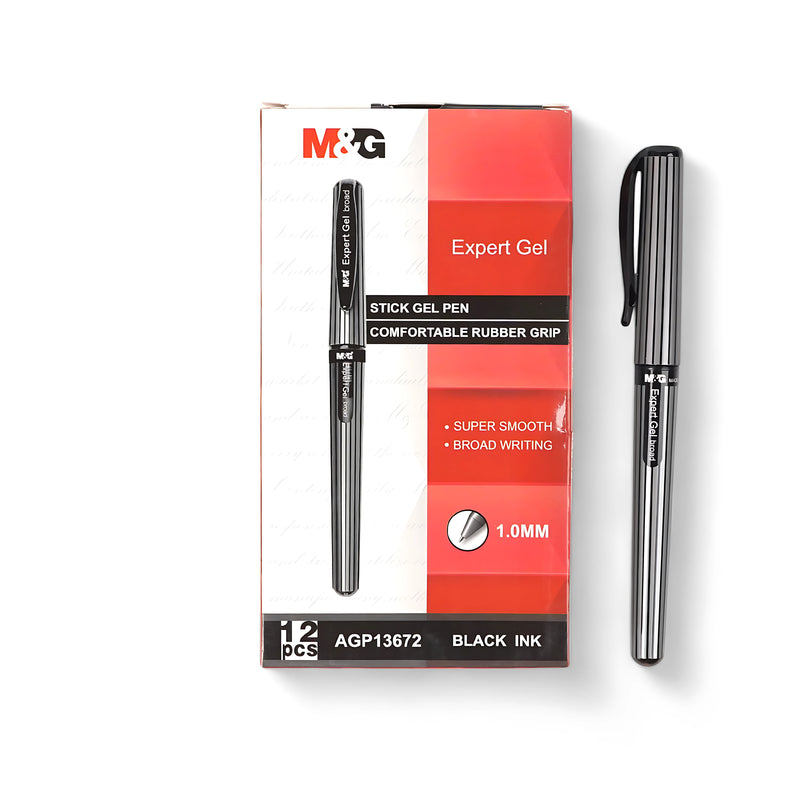 M&G Expert Gel Stick Pen (AGP13672) with 1.0mm tip, black ink, and comfortable rubber grip for smooth, bold writing.

