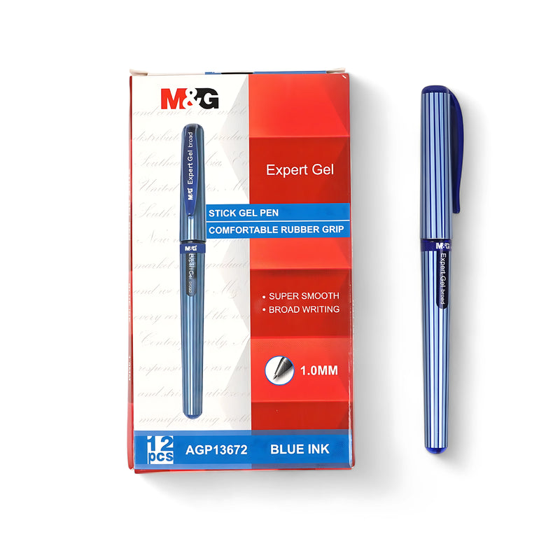 M&G Expert Gel Stick Pen with 1.0mm broad tip and blue ink, featuring a comfortable rubber grip for smooth, bold writing.

