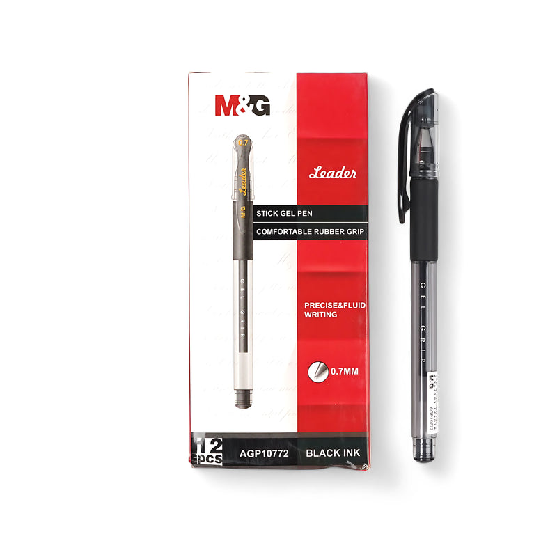 M&G Leader Stick Gel Pen (AGP10772) with a 0.7mm fine tip, black ink, and comfortable rubber grip for smooth and precise writing.

