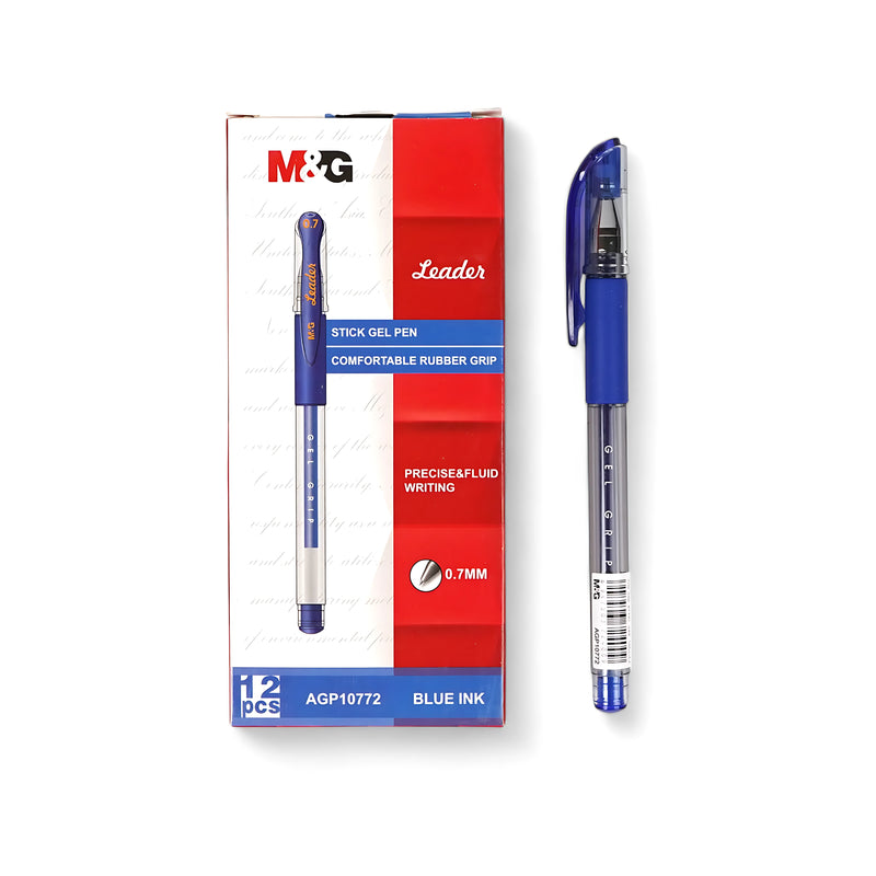 M&G Leader Stick Gel Pen with 0.7mm tip, blue ink, and comfortable rubber grip for fluid and precise writing.

