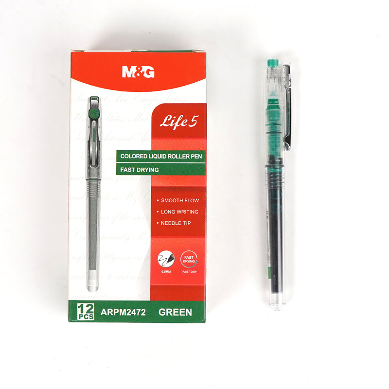 M&G Life 5 Colored Liquid Roller Pen in  green variants, featuring smooth ink flow and fast-drying formula.

