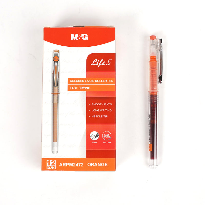 M&G Life 5 Colored Liquid Roller Pen in orange variants, featuring smooth ink flow and fast-drying formula.

