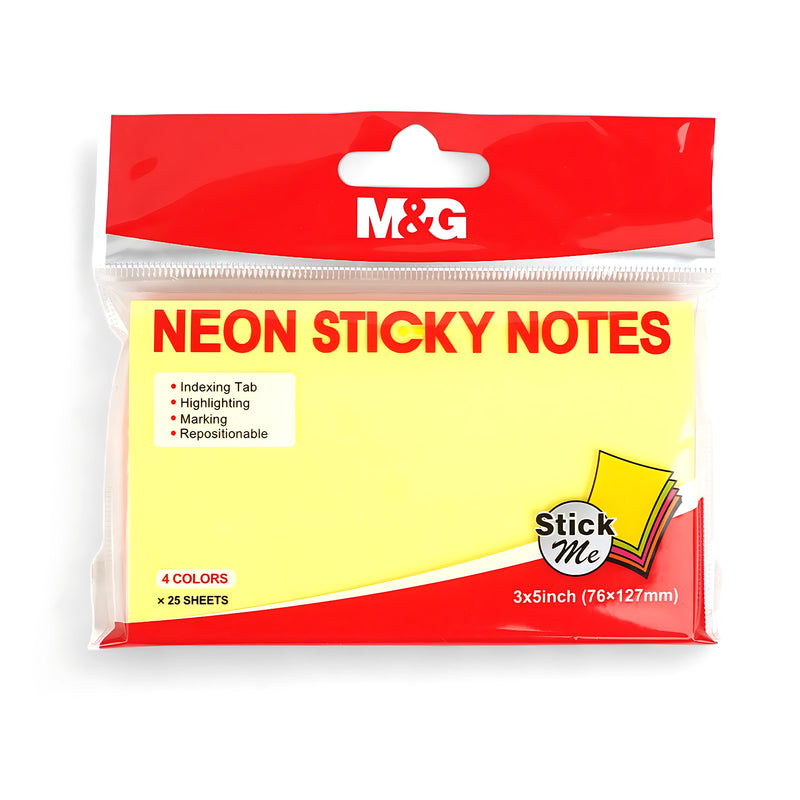 M&G Neon Sticky Notes featuring 4 bright colors with 25 sheets per color, packaged in a resealable pouch with a hanging tab for easy storage.

