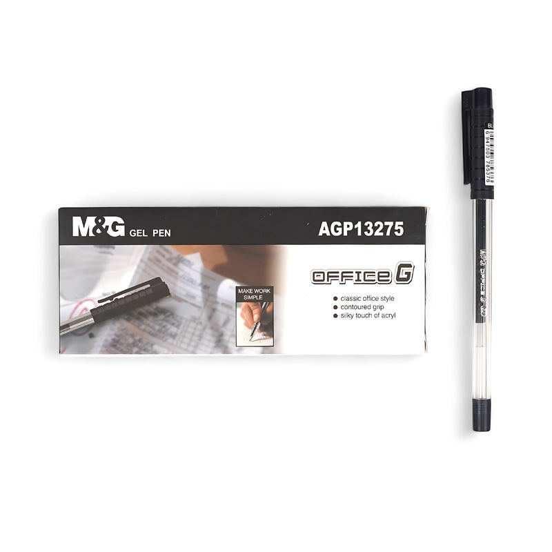 M&G Office G Gel Pen AGP13275 with black ink and contoured grip for smooth, reliable writing.

