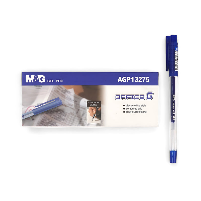 M&G Office G Gel Pen with smooth blue ink and contoured grip – 12-pack, perfect for office and school use.

