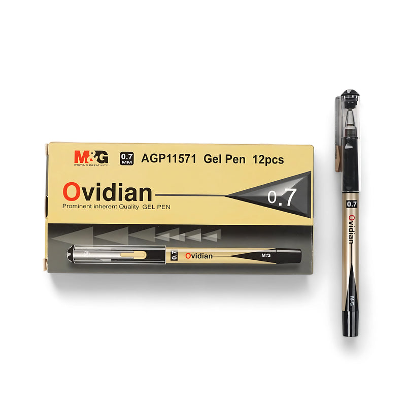M&G Ovidian Gel Pen 0.7mm with smooth black ink and premium beige and black design.

