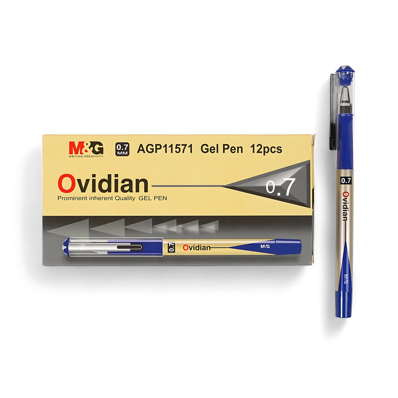 M&G Ovidian Gel Pen in blue ink, featuring a 0.7mm precision tip and comfortable grip – Pack of 12.

