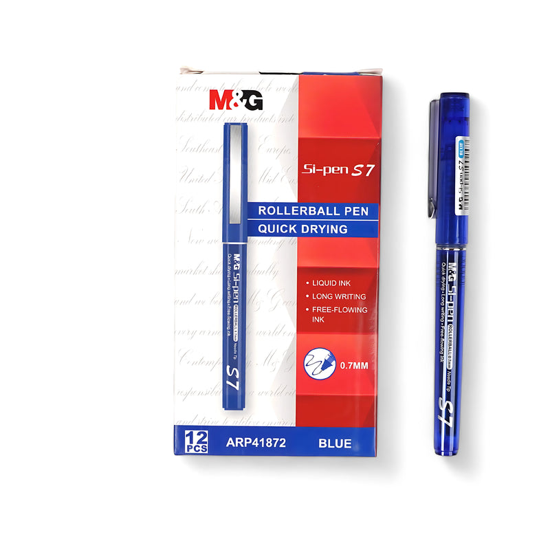 M&G Si-Pen S7 Rollerball Pen with 0.7mm tip and quick-drying blue ink for smooth and long-lasting writing.

