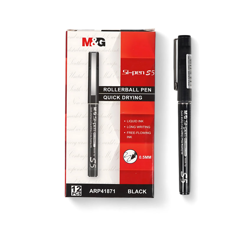 M&G Si-pen S5 Rollerball Pen (ARP41871) with a 0.5mm fine tip, black ink, and quick-drying technology for smooth, precise writing.

