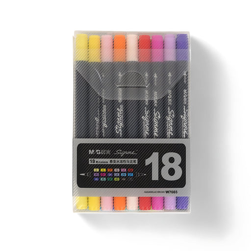 M&G Signature Aquarelle Brush Markers Set featuring 18 assorted colors, ideal for creating watercolor effects in various art projects.

