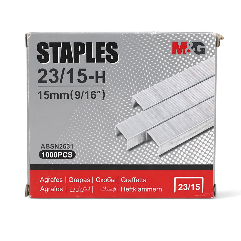 M&G 23/15-H Heavy-Duty Staples – 1000 pcs box with 15mm (9/16") staples, ideal for office and warehouse use.

