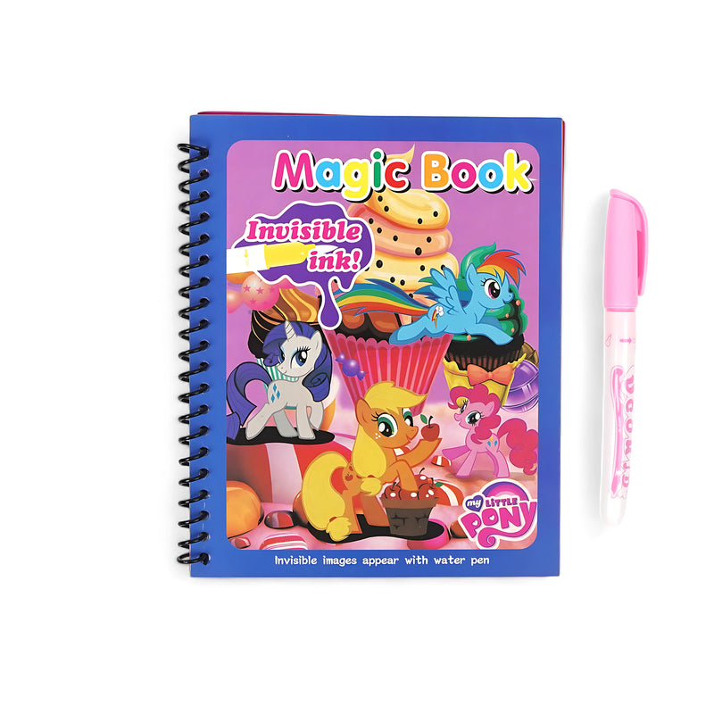 Magic Book with pony-themed illustrations featuring cupcakes and a refillable pink water pen, designed for mess-free, reusable painting fun for children aged 3 and above.

