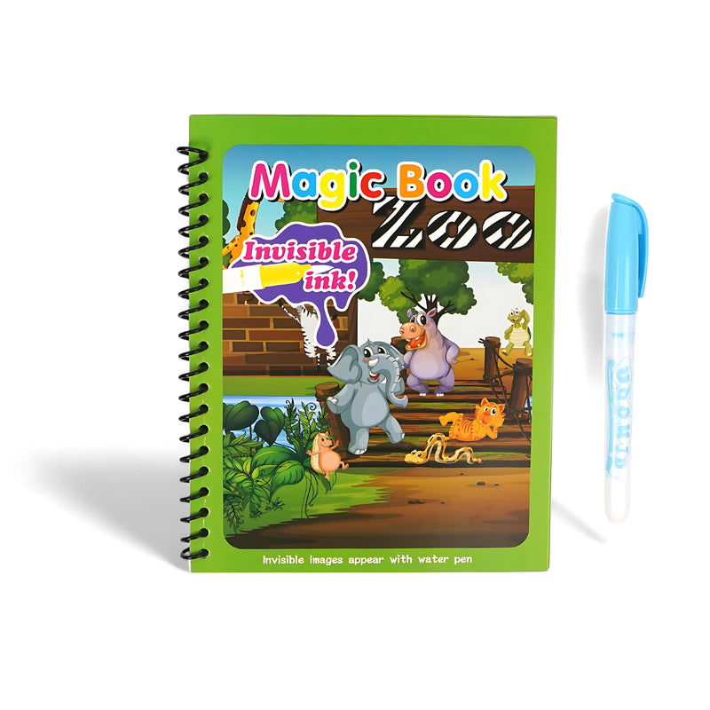 Magic Book with zoo-themed illustrations featuring animals and a refillable blue water pen, designed for reusable painting fun for children aged 3+.

