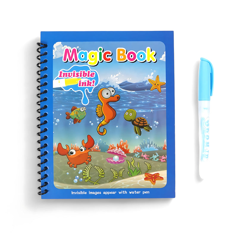 Magic Book with Invisible Ink Water Pen, featuring playful ocean-themed illustrations and a reusable design, perfect for children aged 3 and above.

