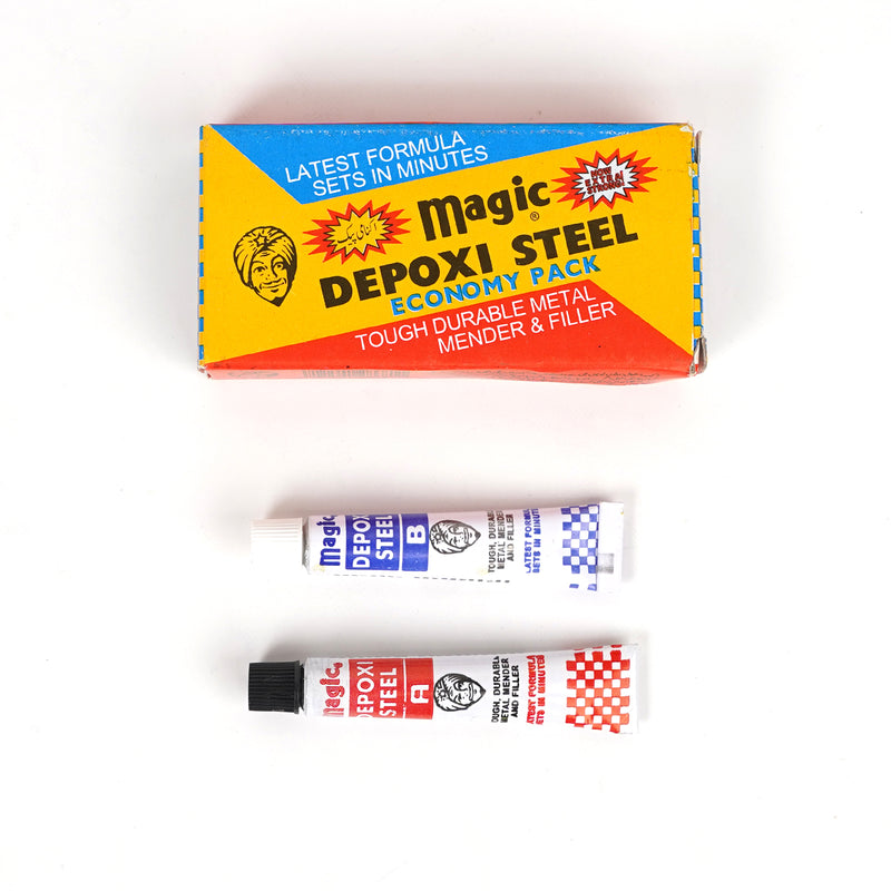 Magic Depoxi Steel adhesive with two-part tubes for durable metal repairs and multi-surface bonding.

