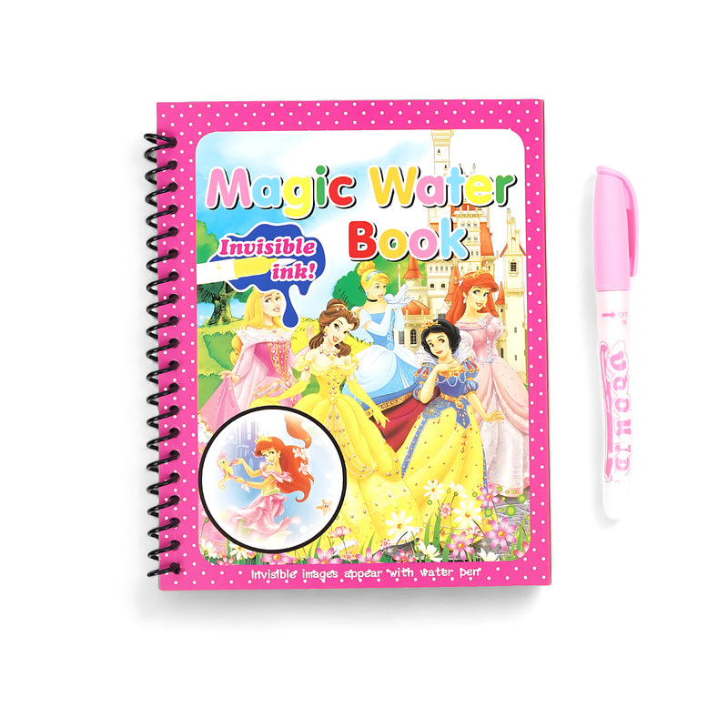 Magic Water Book with princess-themed illustrations and a refillable pink water pen, featuring reusable pages for mess-free painting fun.

