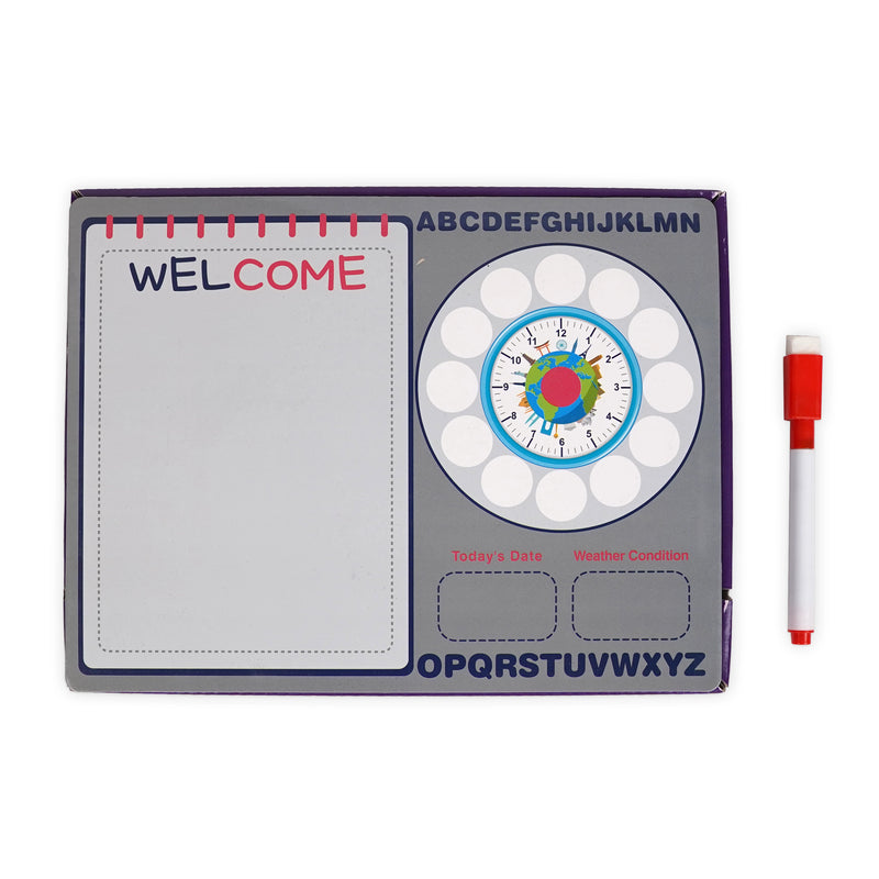 Magnetic learning board featuring an interactive clock, weather tracker, alphabet, and dry erase surface, designed for kids to practice time-telling, writing, and daily routines.