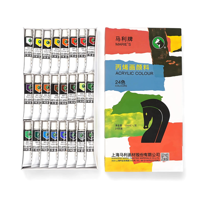 Marie’s acrylic paint set, 24 colors acrylic paint, artist acrylic colors, 12ml acrylic tubes, acrylic paints for beginners, Marie’s art supplies, vibrant acrylic colors

