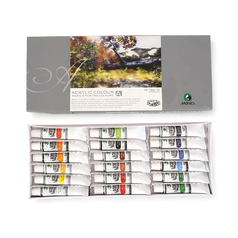Marie’s Acrylic Colour Set (A) with 18 vibrant colors in 12ml tubes, ideal for artists, students, and hobbyists for versatile painting projects.

