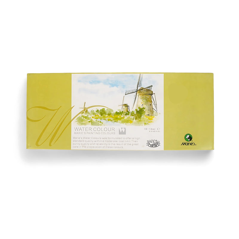Marie’s Watercolour Set with 18 colors in 12ml tubes, ideal for artists, students, and hobbyists for watercolor techniques.

