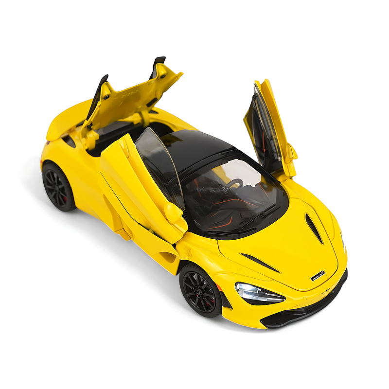 McLaren 720S Diecast Model - Vibrant Yellow Supercar Miniature with Butterfly Doors and Detailed Interior