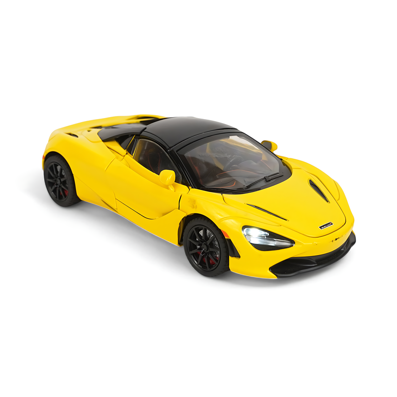 McLaren 720S Diecast Model - Vibrant Yellow Supercar Miniature with Butterfly Doors and Detailed Interior