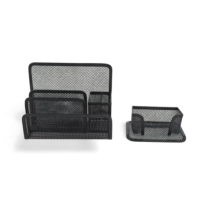 Metal mesh desk organizer set with multiple compartments for letters, files, and pens, ideal for office and home use.

