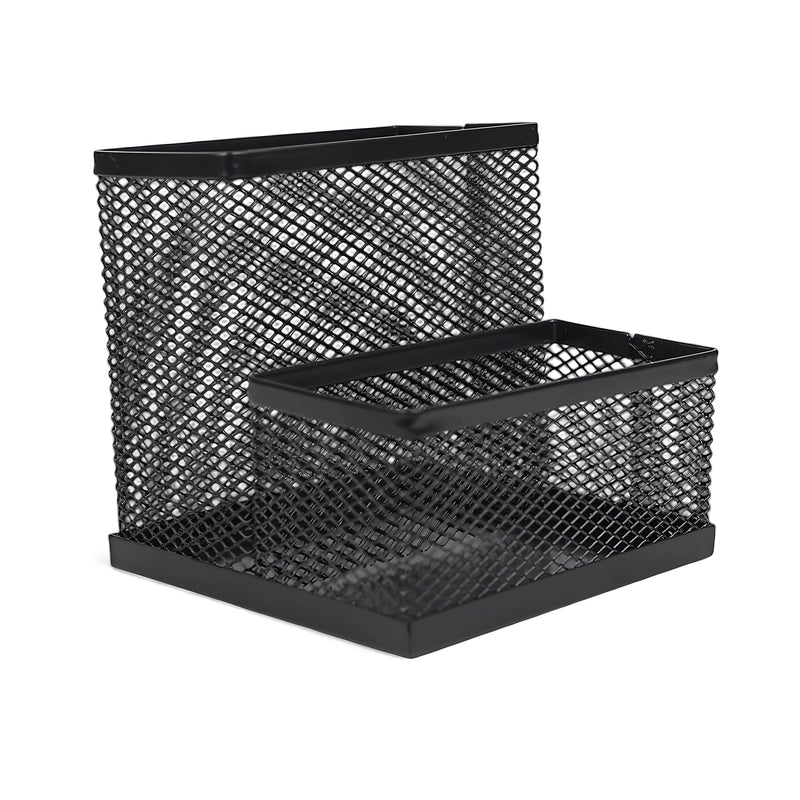 Metal mesh desktop organizer with two compartments for pens, pencils, and office supplies.

