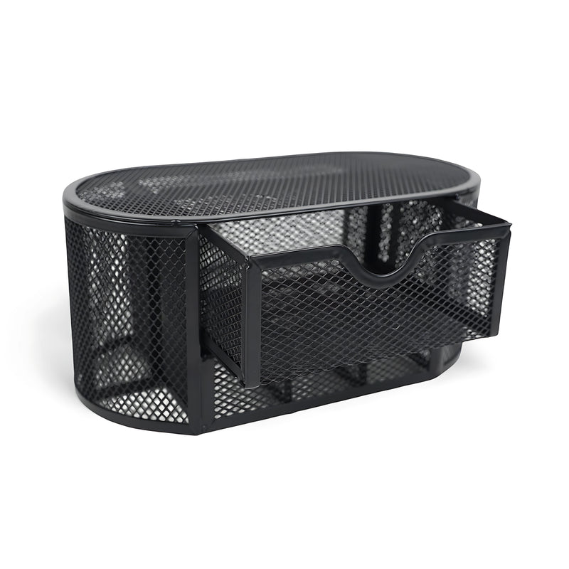 Metal mesh desktop organizer with an oval shape and a pull-out drawer for organizing office supplies and small accessories.

