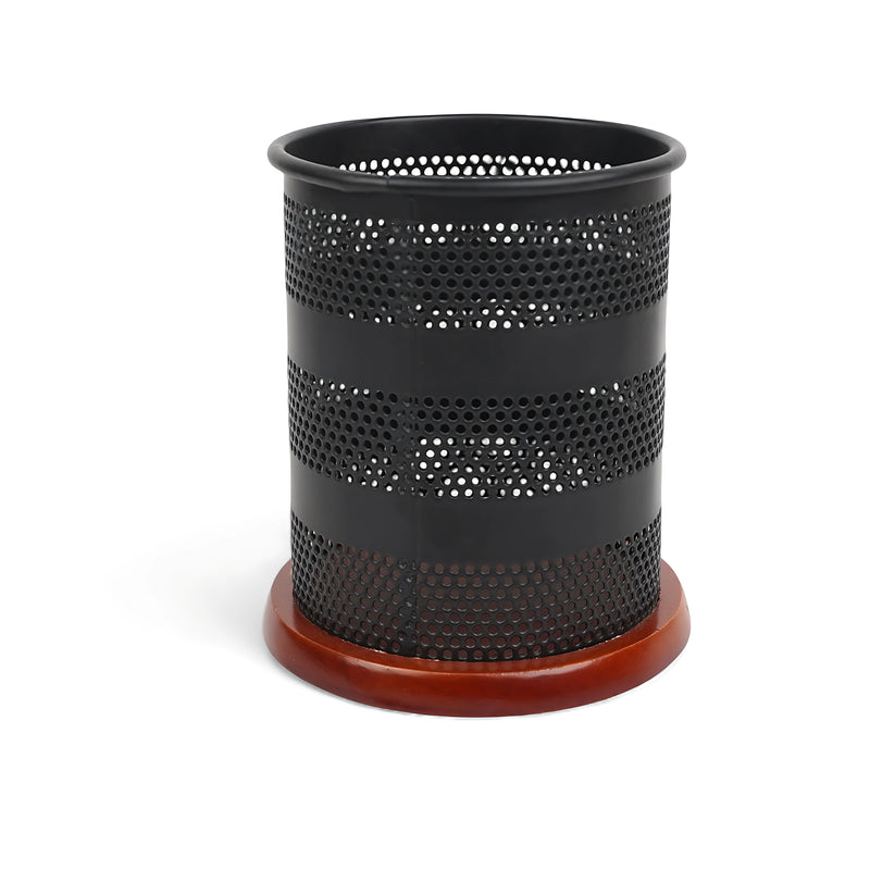Metal pen holder with a perforated body and wooden base, ideal for organizing pens and stationery on desks.

