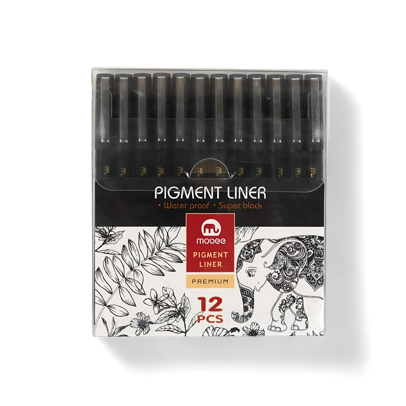 Modee Pigment Liner Set, 12-Piece, Waterproof Super Black Ink Pens for precision drawing and illustration.

