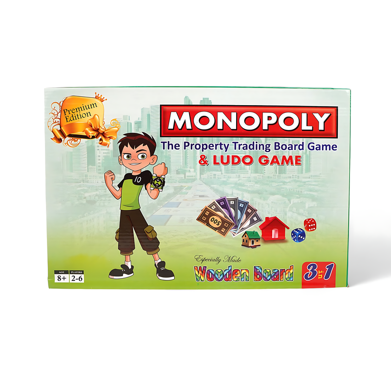 Monopoly & Ludo 3-in-1 Wooden Board Game Set – Premium Edition for Family Fun