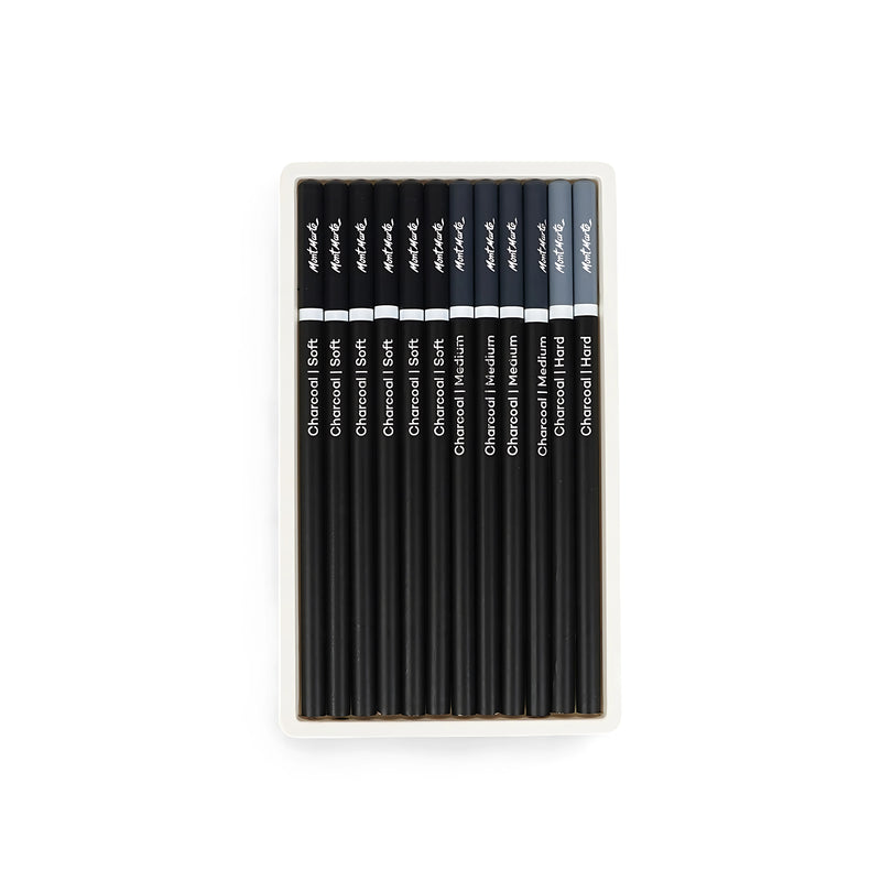 Mont Marte Charcoal Pencils Set - 12 Piece, includes soft, medium, and hard charcoal pencils for expressive artwork.


