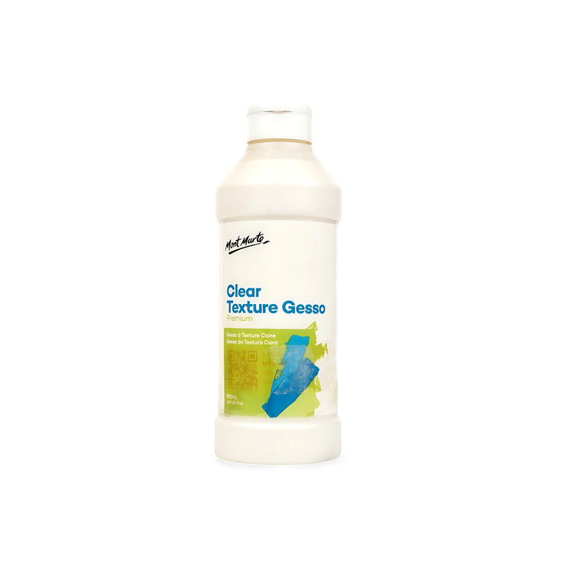 Mont Marte Clear Texture Gesso, 500 ml bottle, ideal for preparing canvas and wood with a clear textured finish for painting.


