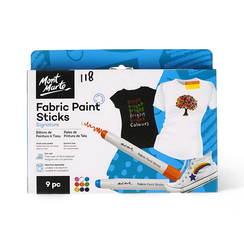 Mont Marte Fabric Paint Sticks - Signature Set of 9 Colors perfect for creative fabric projects and easy application.

