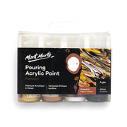Mont Marte Pouring Acrylic Paint Set - Celestial, featuring four 60ml bottles of premium acrylic paint ideal for fluid art techniques.

