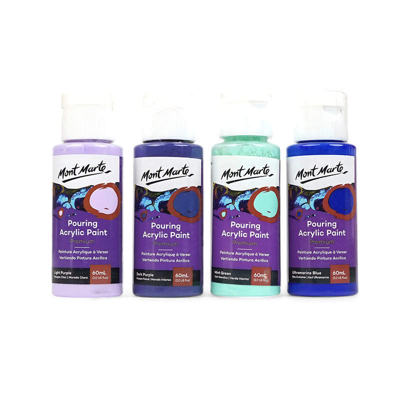 Mont Marte Pouring Acrylic Paint Set - Ethereal, 4 colors, 60mL each, premium pouring paint for fluid art with a soft, mystical palette.

