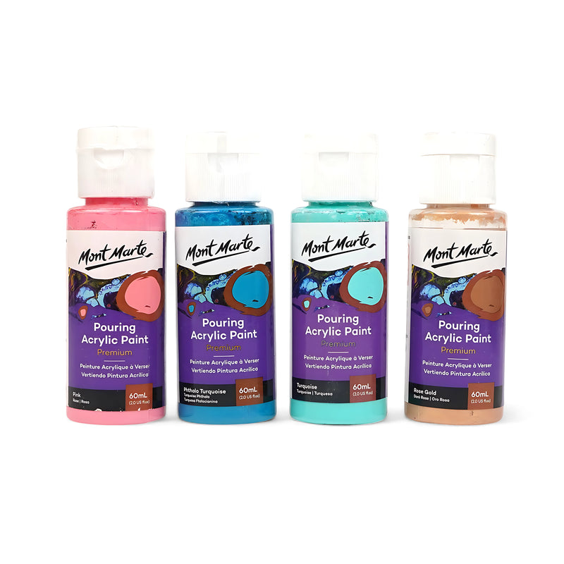 Mont Marte Pouring Acrylic Paint Set - Flamingo, 4 colors, 60mL each, premium pouring paint for fluid art and tropical-themed projects.

