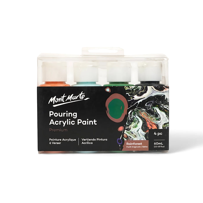 Mont Marte Pouring Acrylic Paint Set - Rainforest, 4 colors, 60mL each, premium pouring paint for fluid art techniques.

