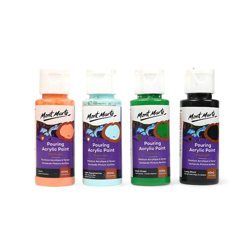 Mont Marte Pouring Acrylic Paint Set - Rainforest, 4 colors, 60mL each, premium pouring paint for fluid art techniques.

