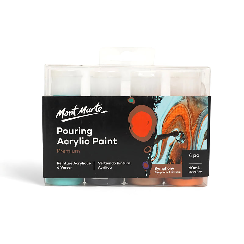 Mont Marte Pouring Acrylic Paint Set - Symphony, 4 colors, 60mL each, premium pouring paint for fluid art with harmonious color tones.

