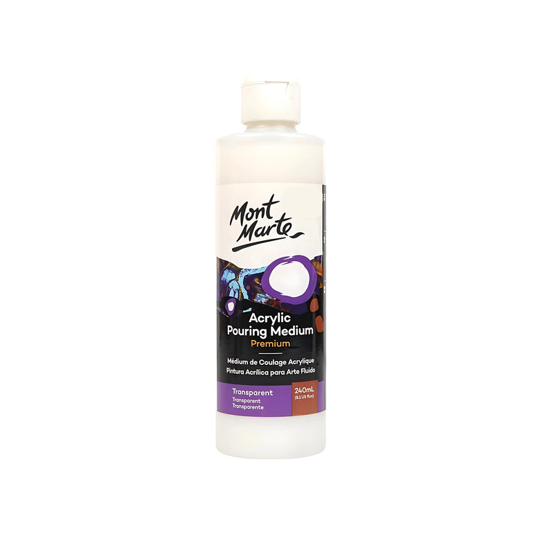 Bottle of Mont Marte Premium Acrylic Pouring Medium in Transparent, 240ml, ideal for smooth and vibrant fluid art projects.

