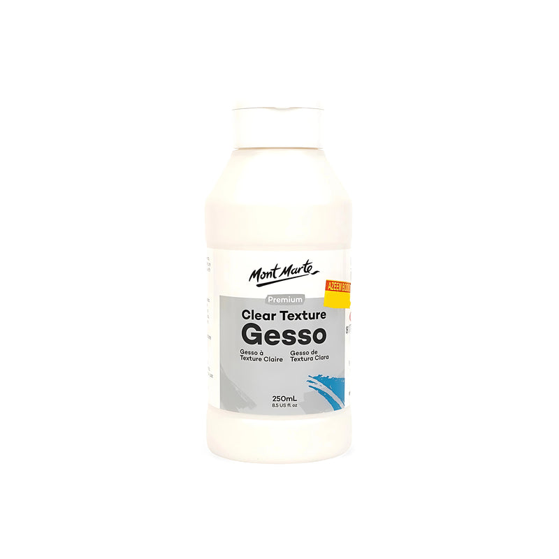 Bottle of Mont Marte Premium Clear Texture Gesso, 250ml, ideal for enhancing paint adhesion and preparing surfaces for acrylic and oil painting.

