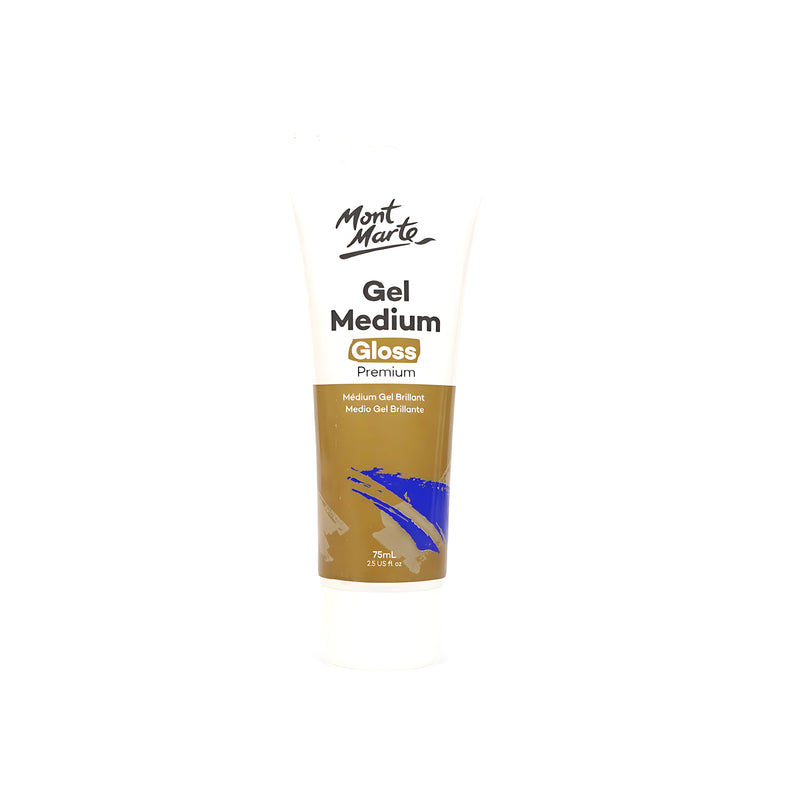 Tube of Mont Marte Premium Gel Medium - Gloss Finish, 75ml, for adding texture and a glossy sheen to acrylic art projects.

