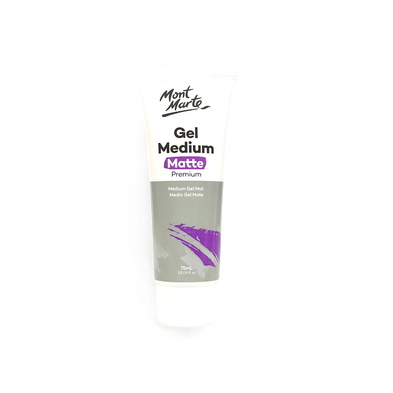Tube of Mont Marte Premium Gel Medium - Matte Finish, 75ml, for adding texture and reducing gloss in acrylic art projects.

