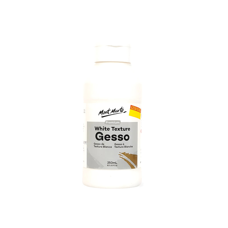 Bottle of Mont Marte Premium White Texture Gesso, 250ml, designed to create a textured base layer for acrylic and oil paintings.

