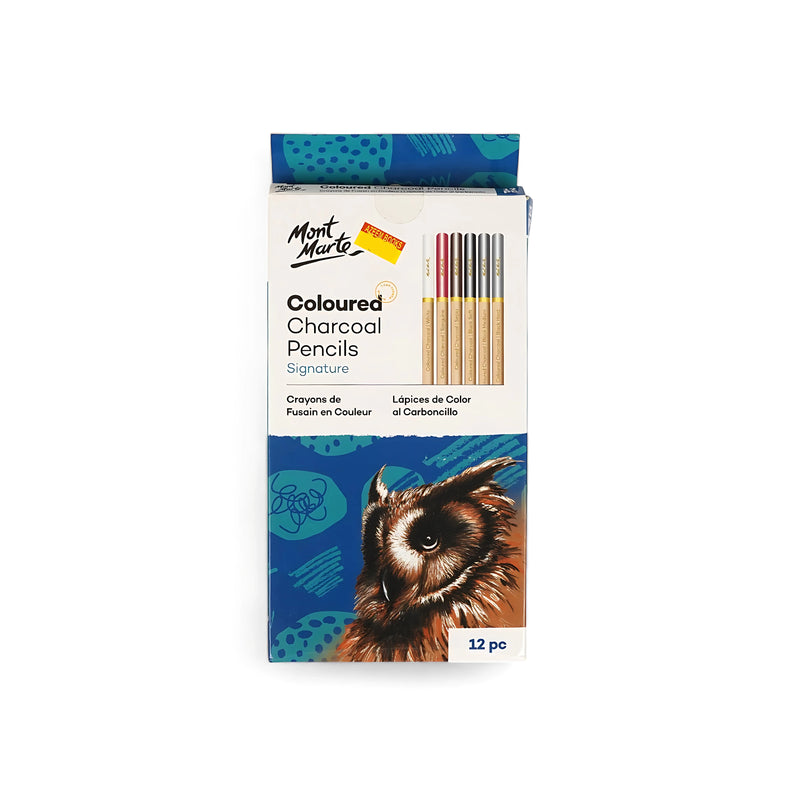 Mont Marte Signature Coloured Charcoal Pencils Set - 12 Earthy Colors, ideal for adding texture and depth to colorful artwork.

