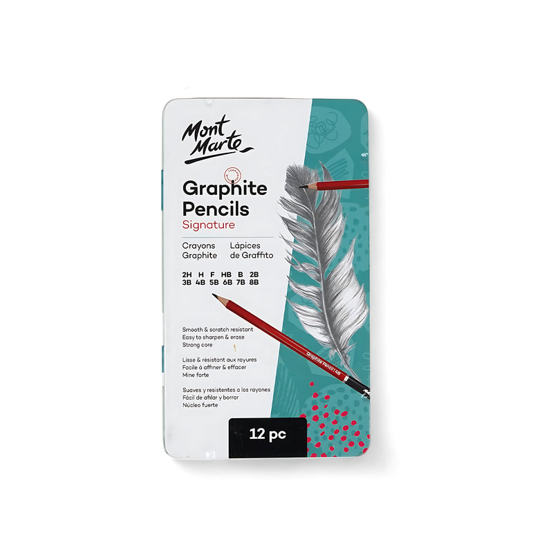 Mont Marte Signature Graphite Pencils Set - 12 Piece, versatile graphite pencils for sketching, shading, and detailed artwork.


