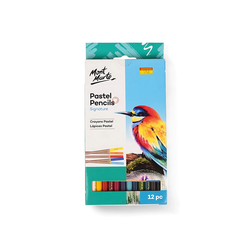 Mont Marte Signature Pastel Pencils Set - 12 Colors, blendable pastel pencils for detailed artwork and smooth gradients.

